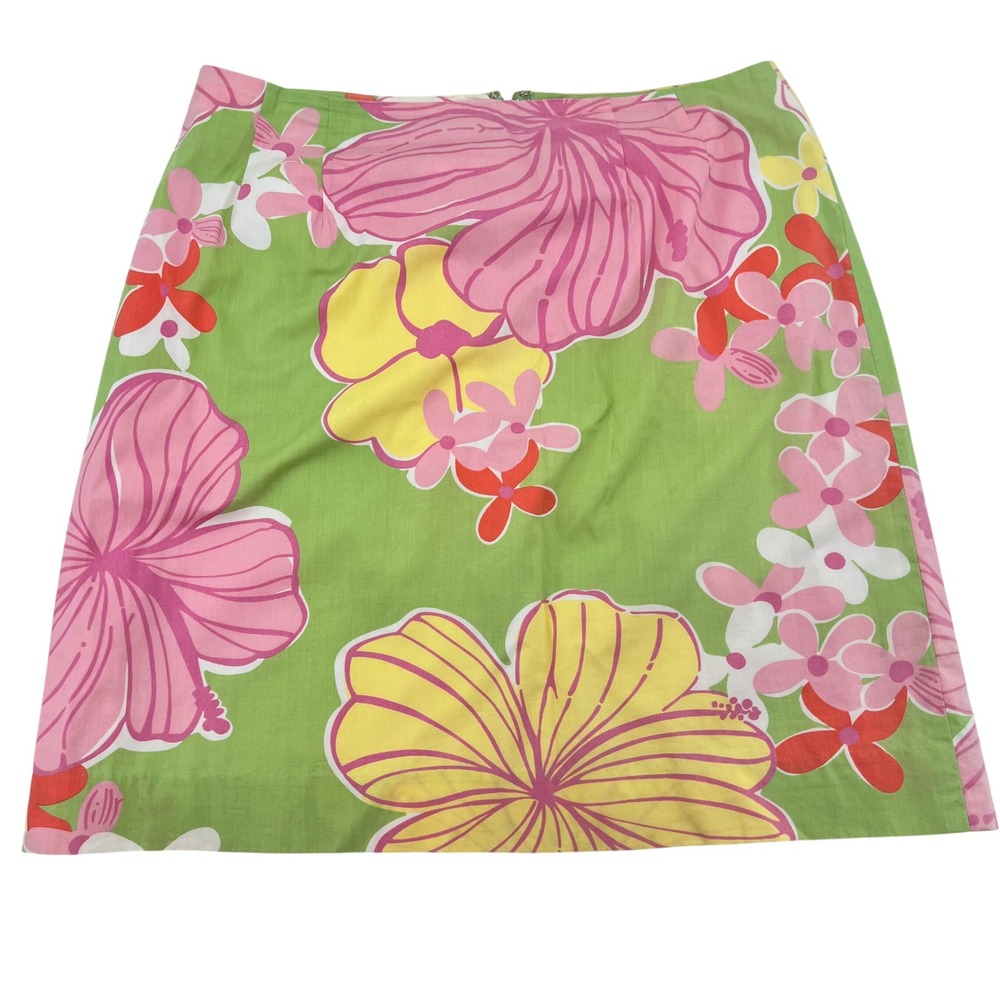 Lilly Pulitzer vtg Green Pink Hibiscus Floral Cotton Mini Skirt Size 10 Tropical